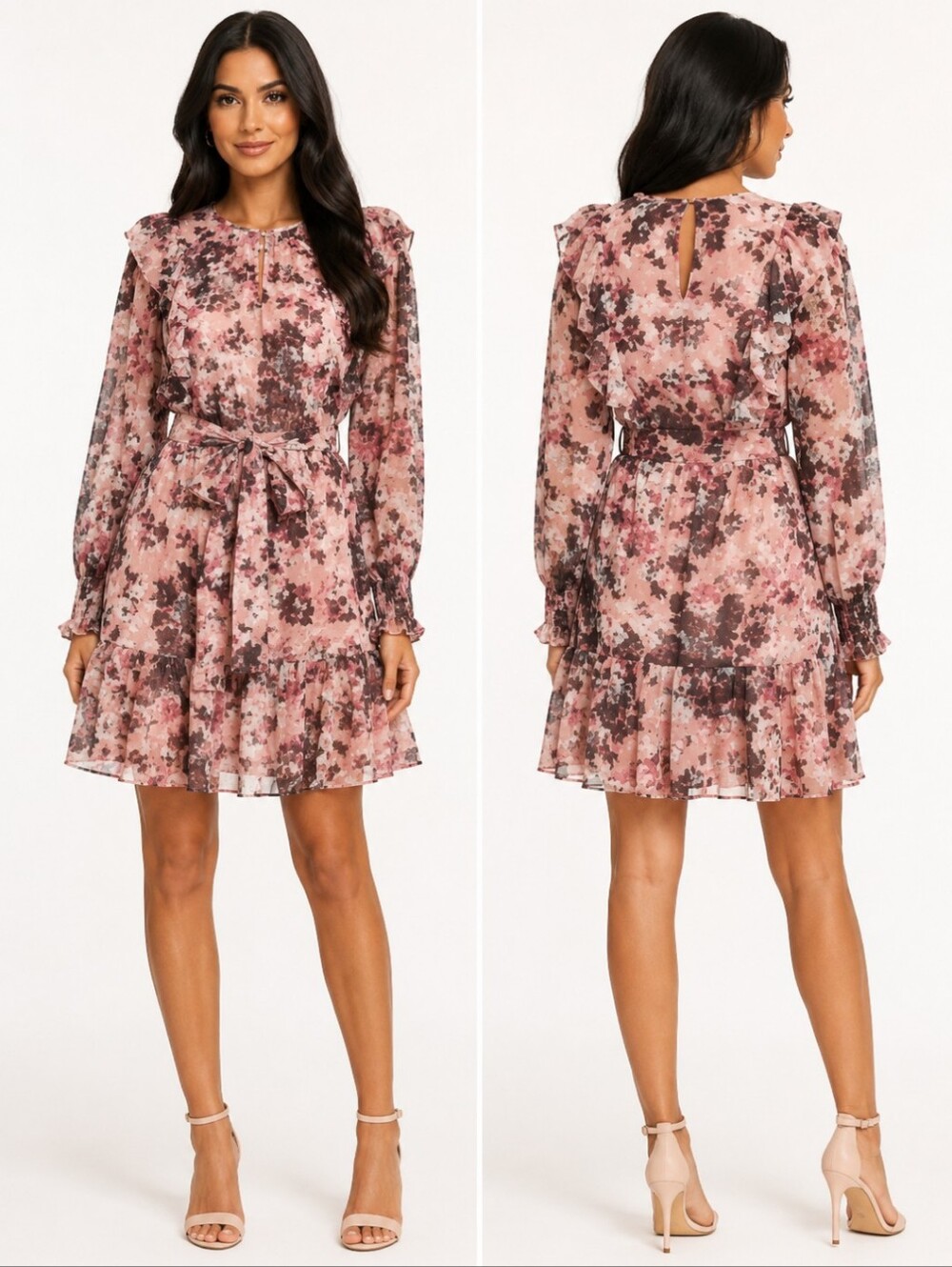 Fairycore Pink Floral Mini Dress Long Sleeve chiffon ruffle feminine  Sz 2